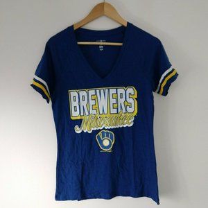 Milwaukee Brewers V-neck T-shirt Blue Yellow White Medium
